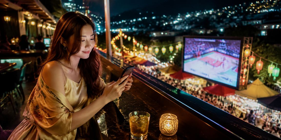 Người dùng Đà Lạt xem bóng rổ và theo dõi tài khoản VIP trên điện thoại tại chợ đêm
